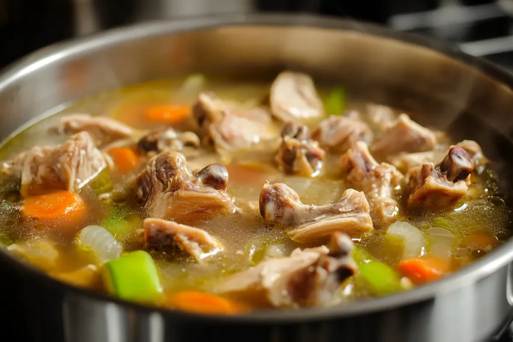 Chicken bones simmering in a pot to make stock