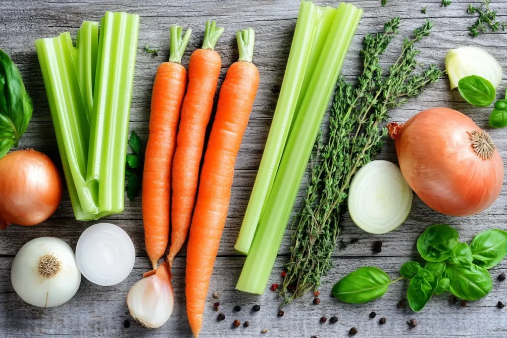 Fresh vegetables and herbs used to enhance the flavor of broth