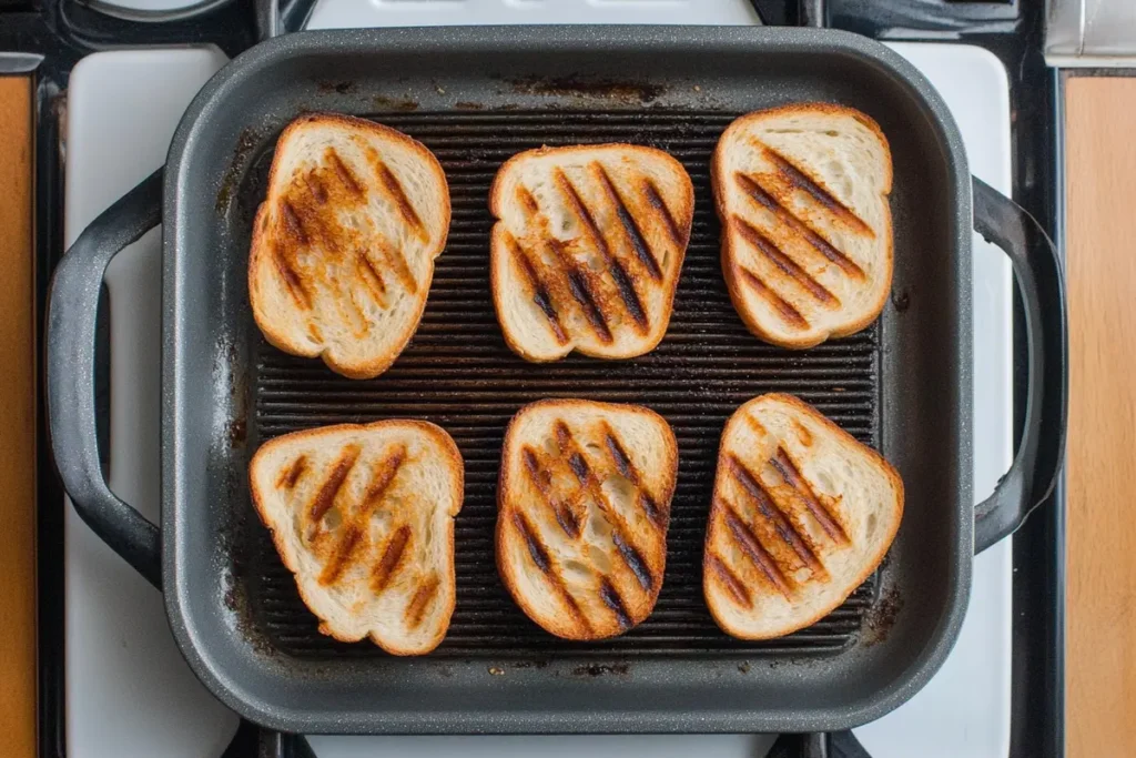 Toasting bread for bruschetta in a grill pan.