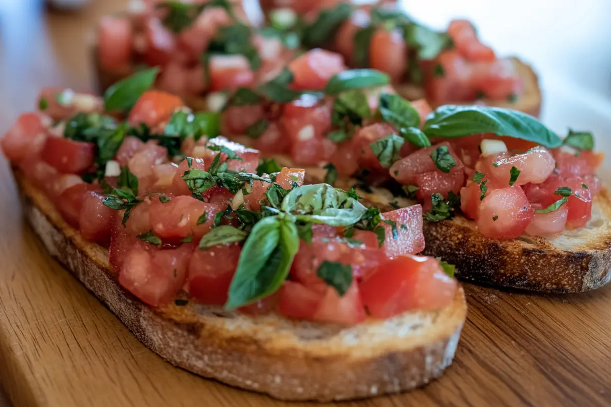 A close up of bruschetta with tomato and basil topping on toasted bread