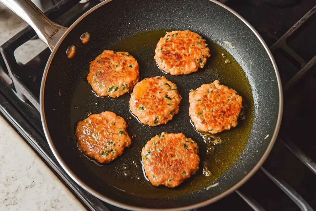 Salmon patties cooking in a pan, with oil