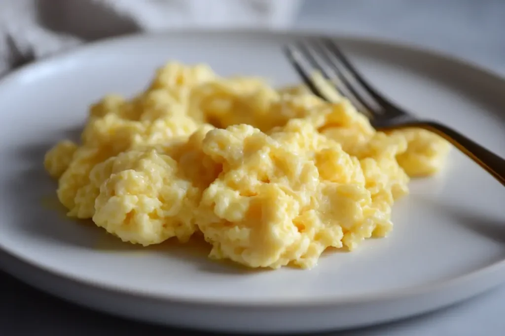 Perfectly cooked fluffy scrambled eggs on a plate, demonstrating what's the best temperature to scramble eggs should achieve."