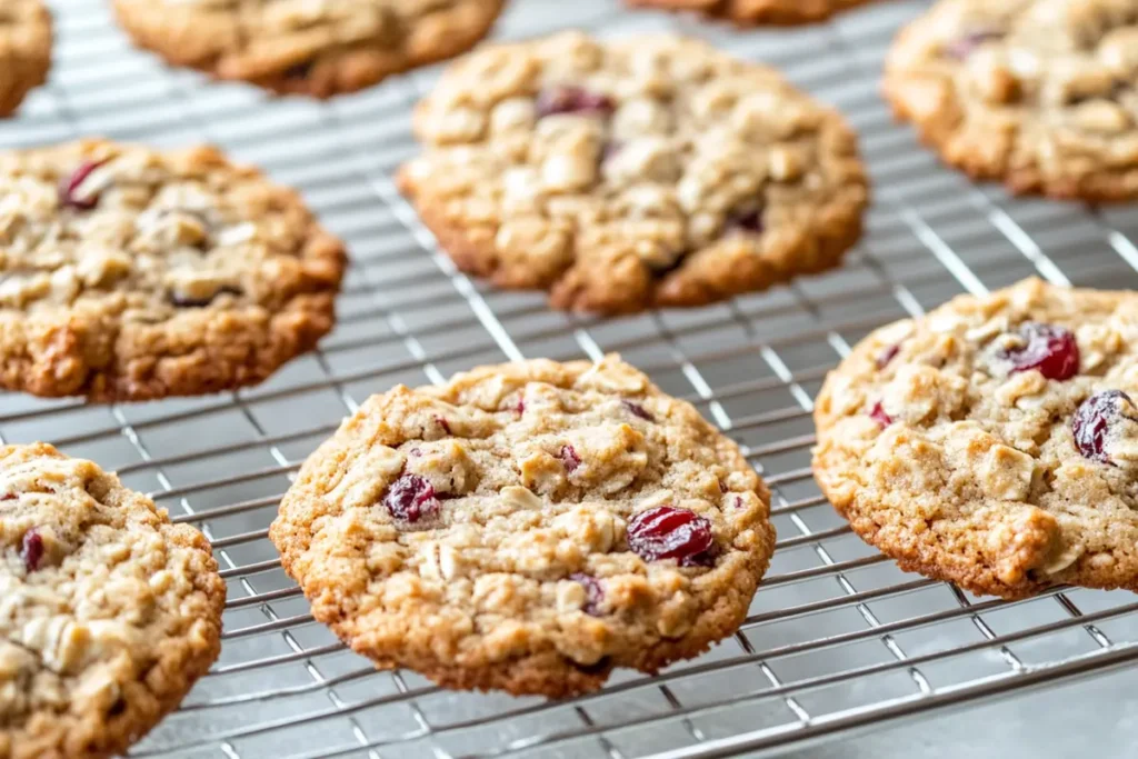 The final baked cranberry oatmeal cookies on a wire rack