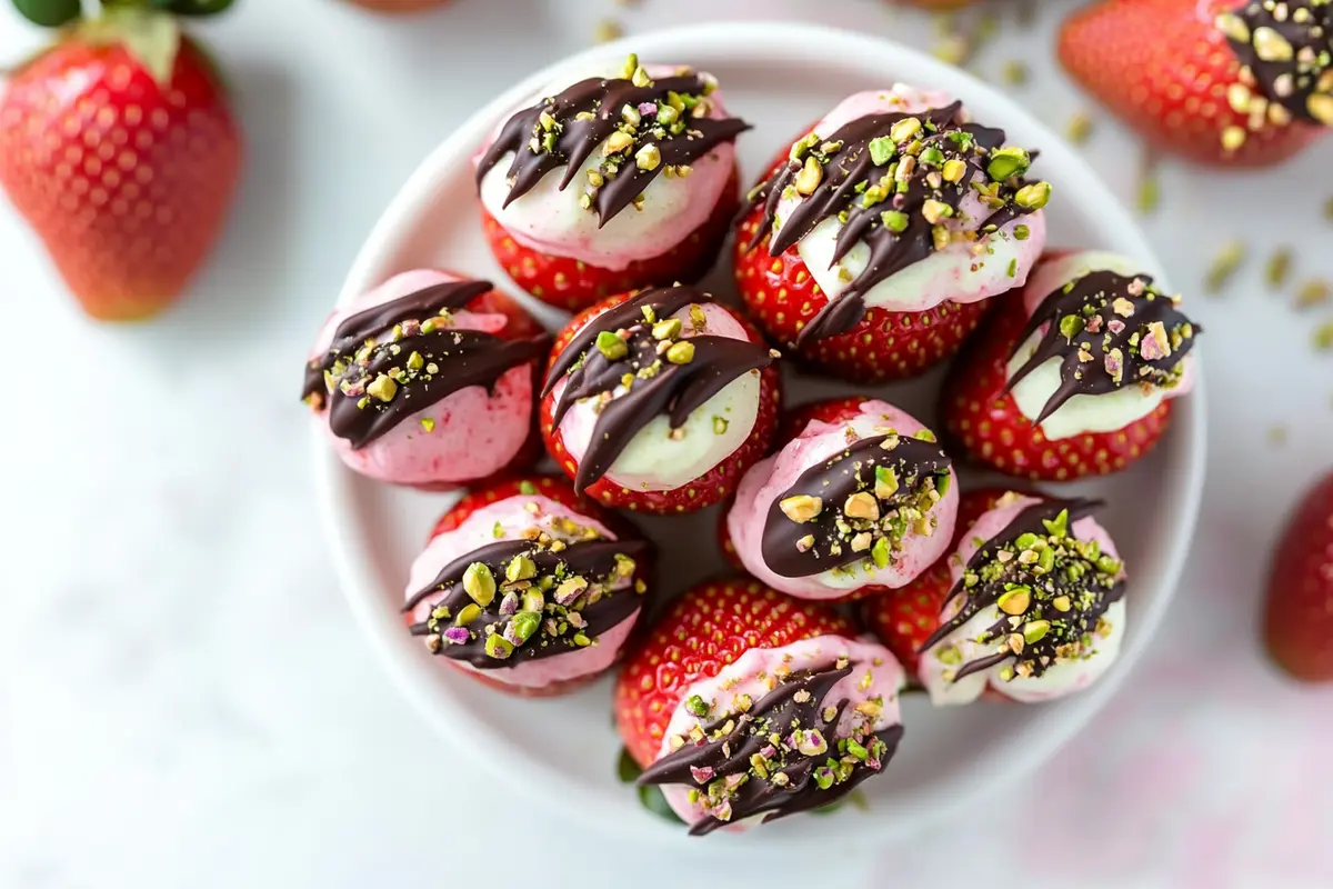 Delicious cheesecake deviled strawberries on a plate.