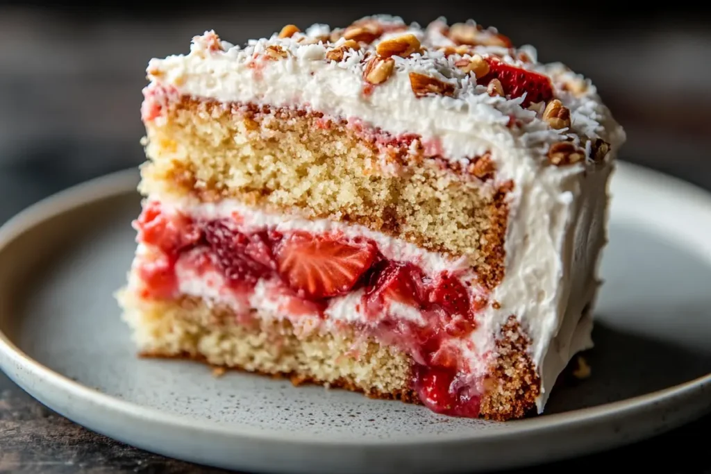 Close-up of delicious strawberry earthquake cake texture and frosting.