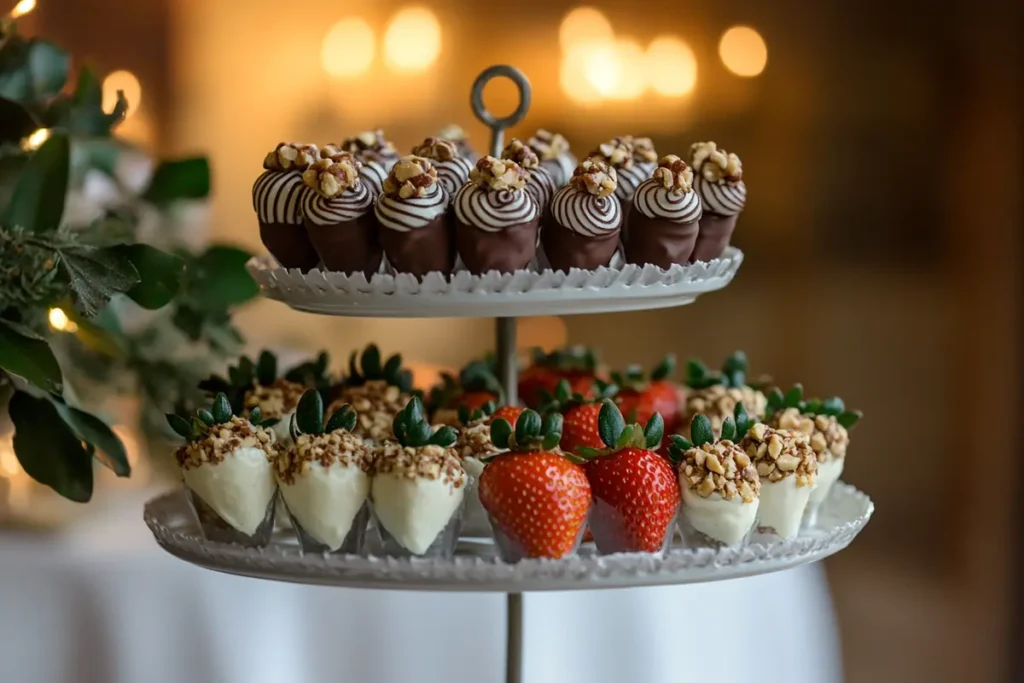 Variety of cheesecake deviled strawberries variations on a dessert stand.