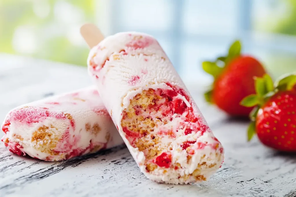  Strawberry shortcake ice cream bar with crunchy coating.