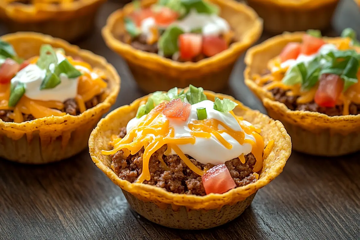 Delicious Taco Cupcakes in a muffin tin, garnished with fresh toppings