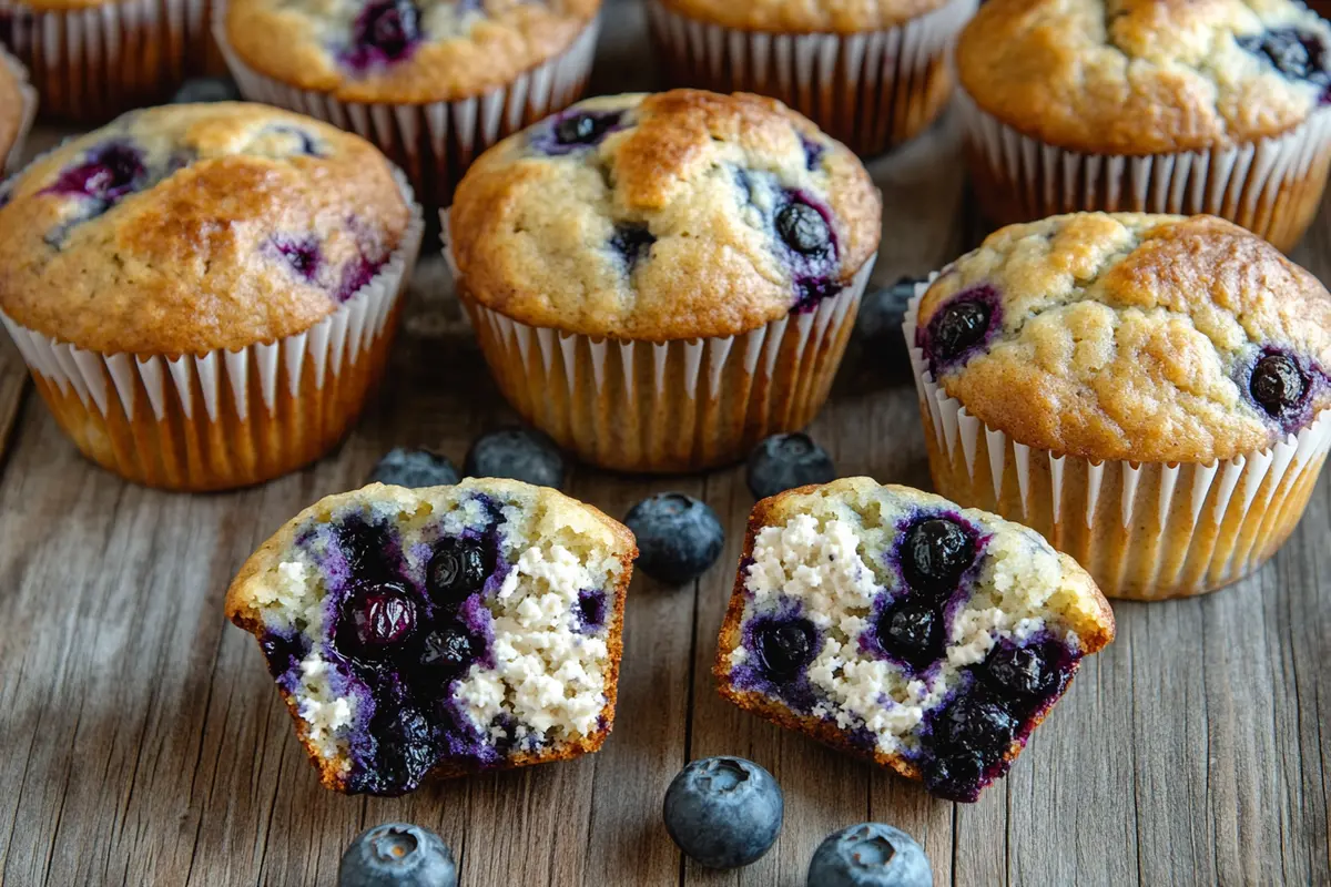 Delicious cottage cheese blueberry muffins on a wire rack