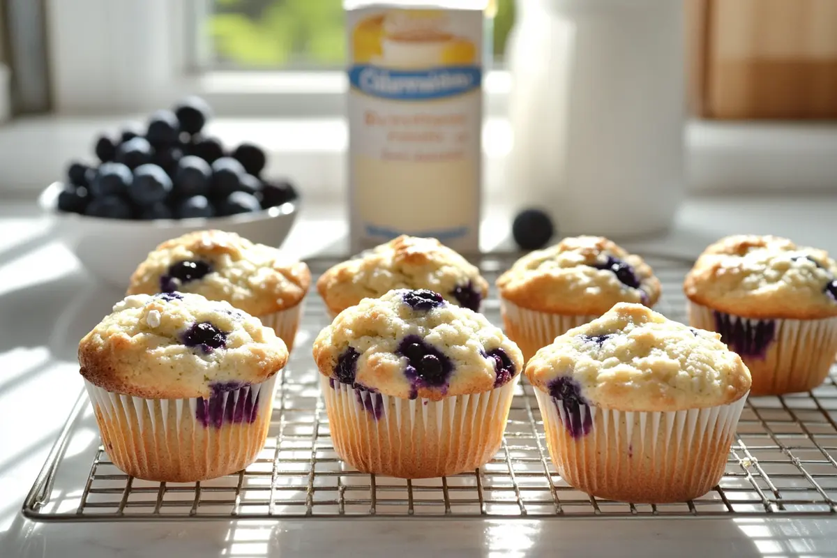 Freshly baked cottage cheese blueberry muffins cooling on a rack.