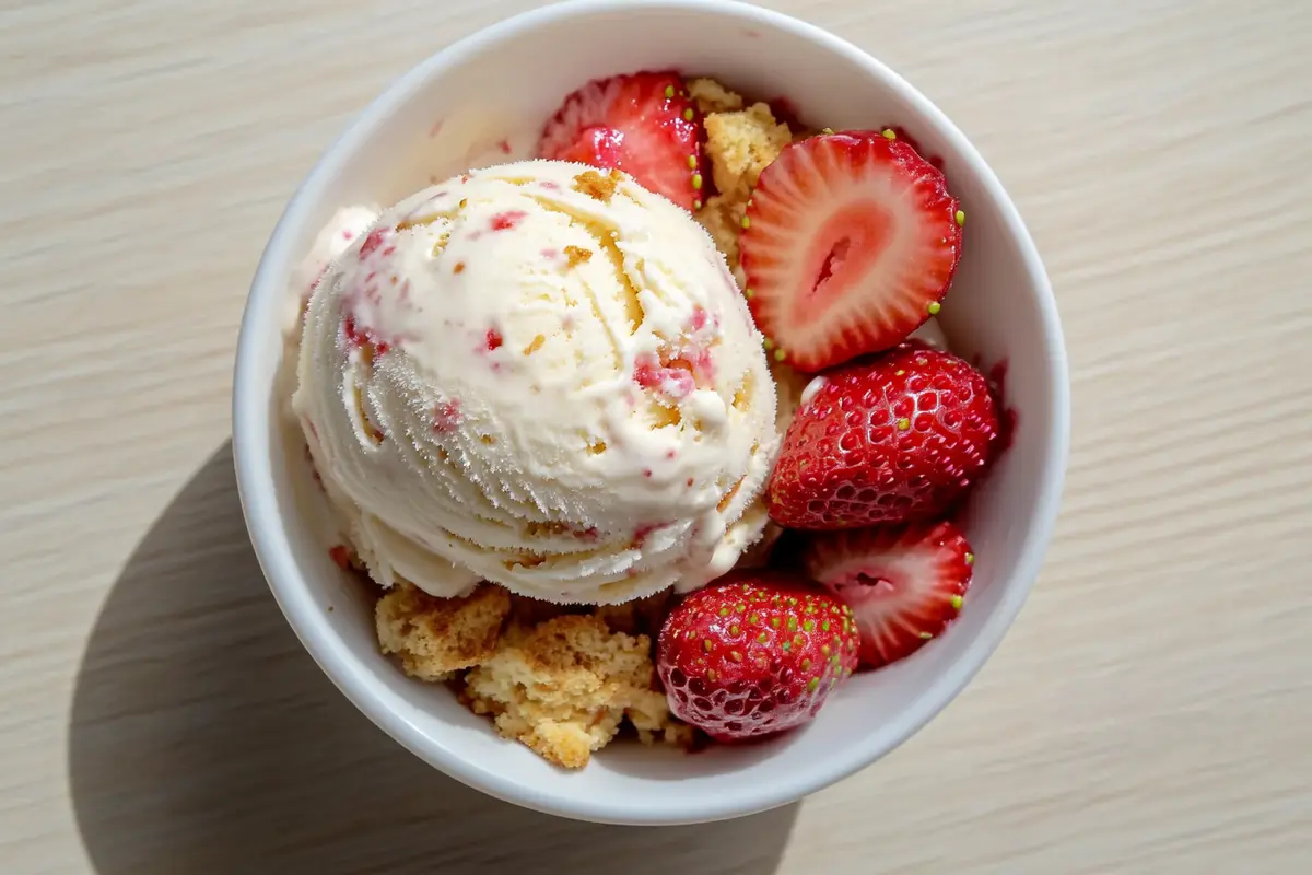 Delicious strawberry shortcake ice cream scoop with fresh strawberries and shortcake crumbles.