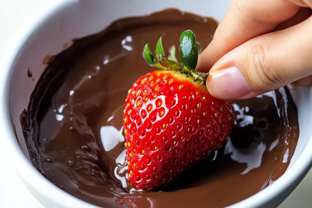 Dipping fresh strawberry into melted chocolate for frozen chocolate covered strawberries.