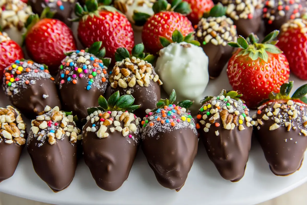 Delicious frozen chocolate covered strawberries on a platter.