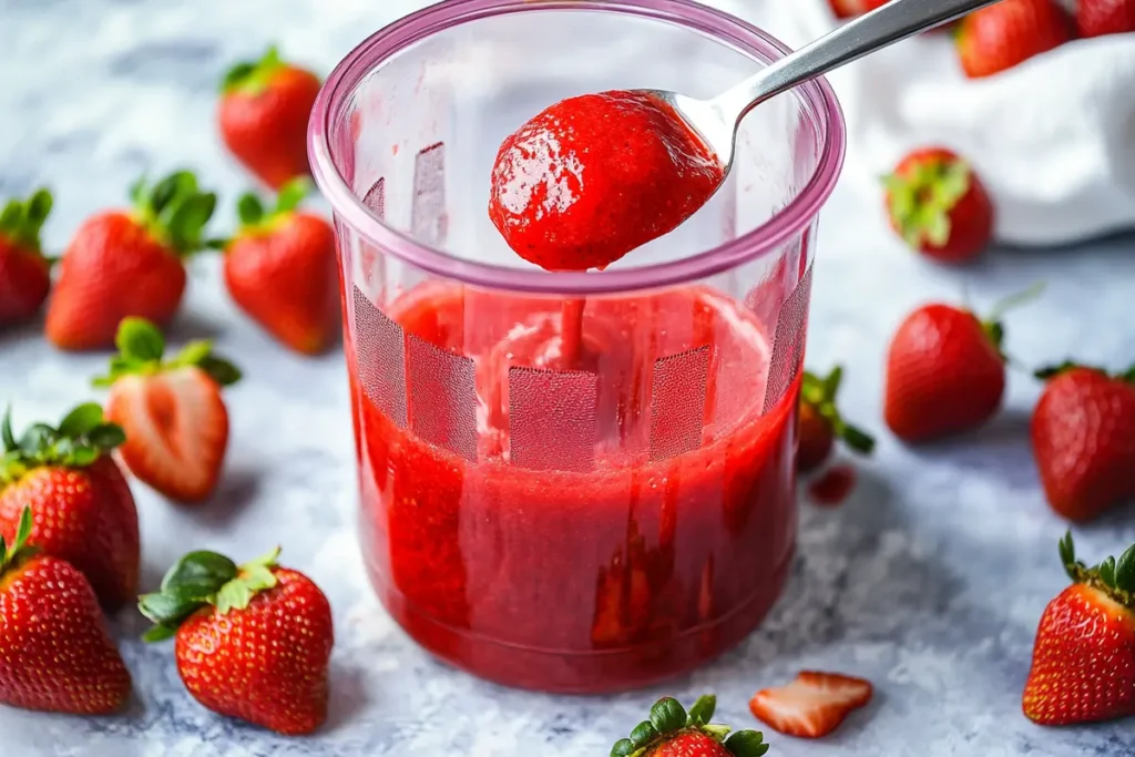 Vibrant bowl of homemade strawberry puree recipe with fresh strawberries.