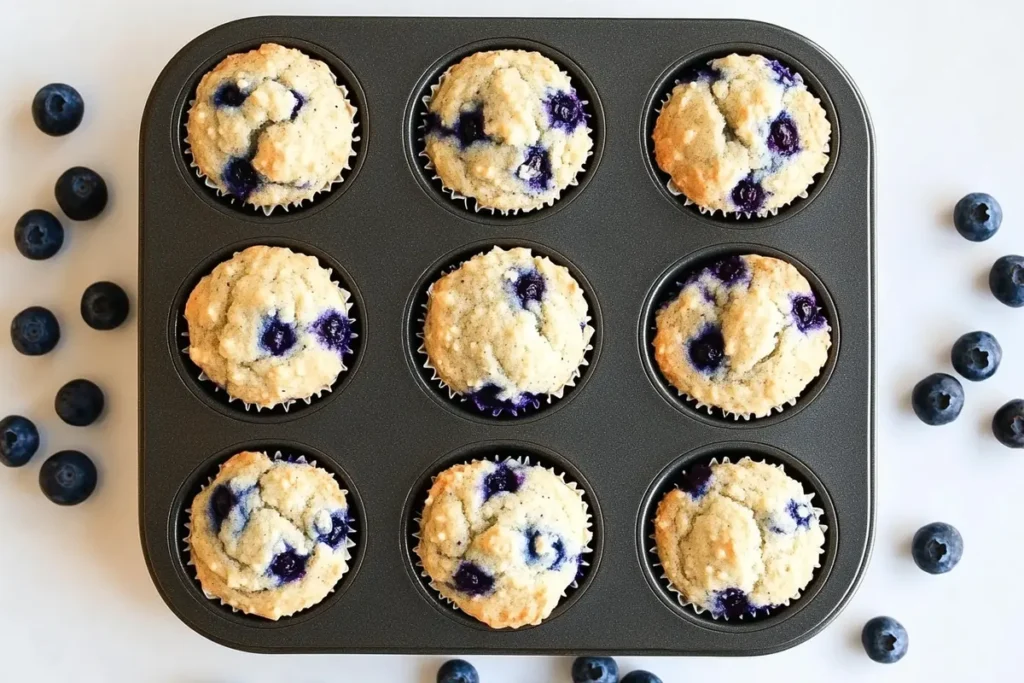 Muffin tin of domed cottage cheese blueberry muffins.