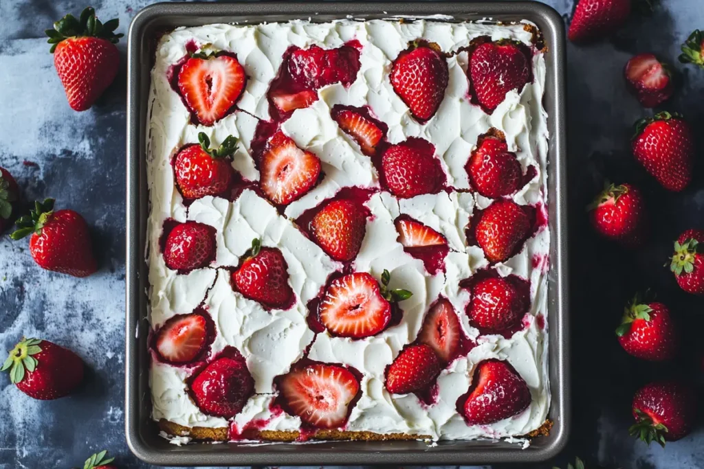 Amazing strawberry earthquake cake with cracked top and creamy frosting.