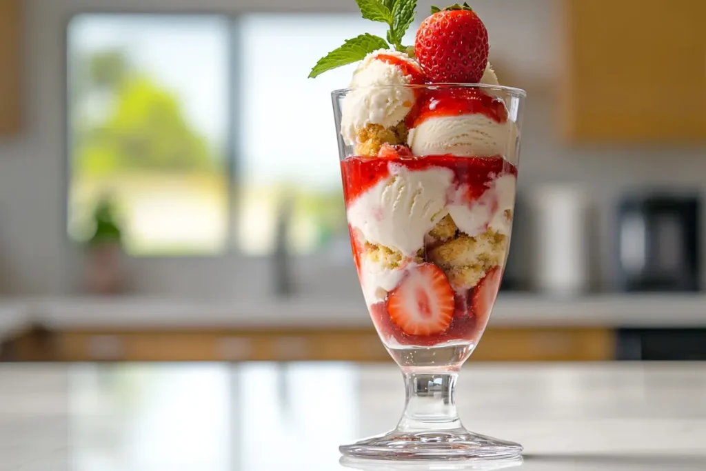  Layered strawberry shortcake ice cream parfait in a glass.