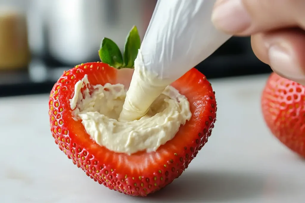 Piping cheesecake filling into a strawberry for cheesecake deviled strawberries.