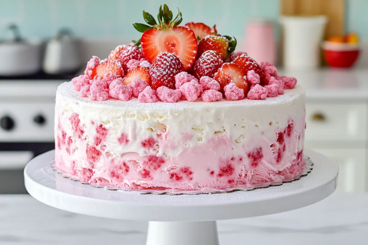 Delicious slice of strawberry shortcake ice cream cake