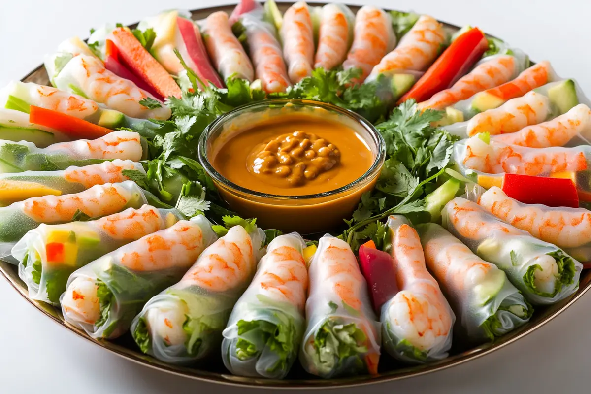 Fresh and vibrant *shrimp spring rolls* with peanut dipping sauce.