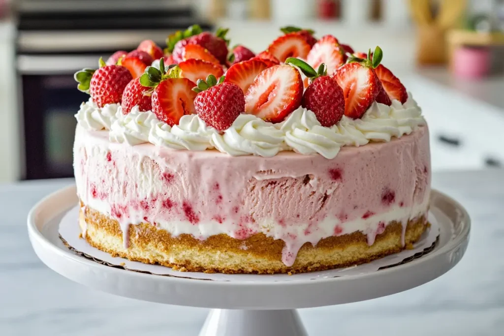 Delicious strawberry shortcake ice cream cake