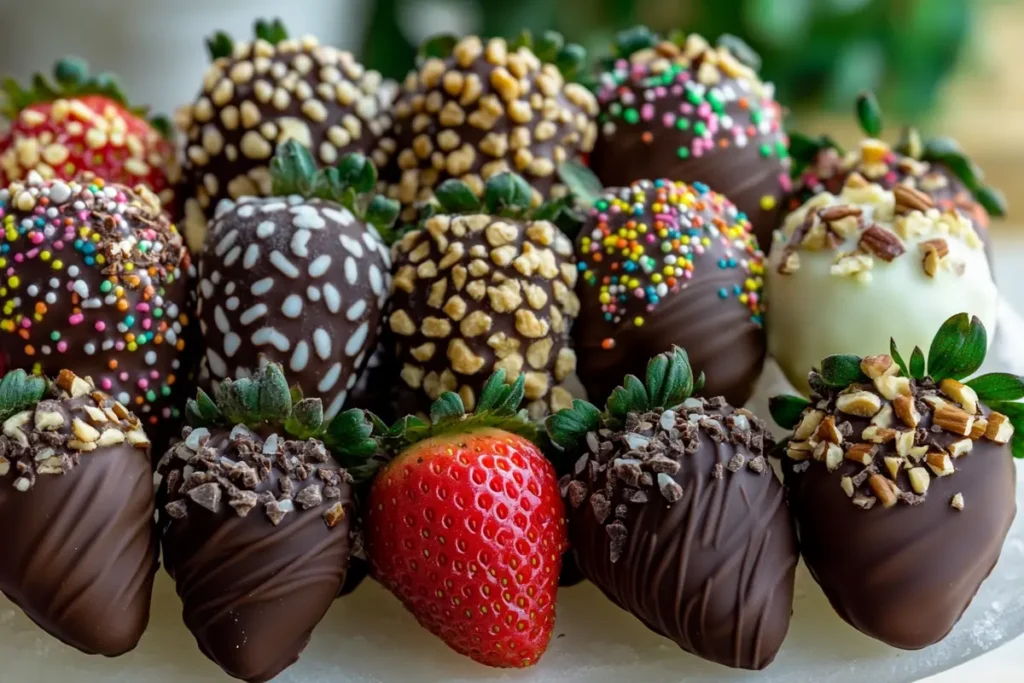 Beautiful frozen chocolate covered strawberries arranged on a platter.