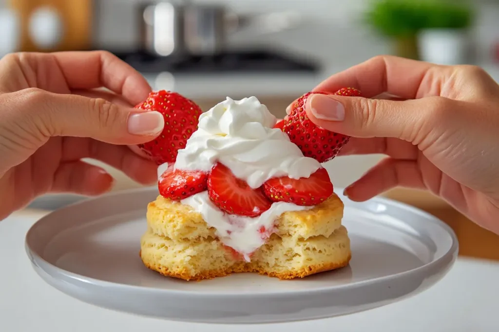 Assembling a Bisquick strawberry shortcake with strawberries and whipped cream