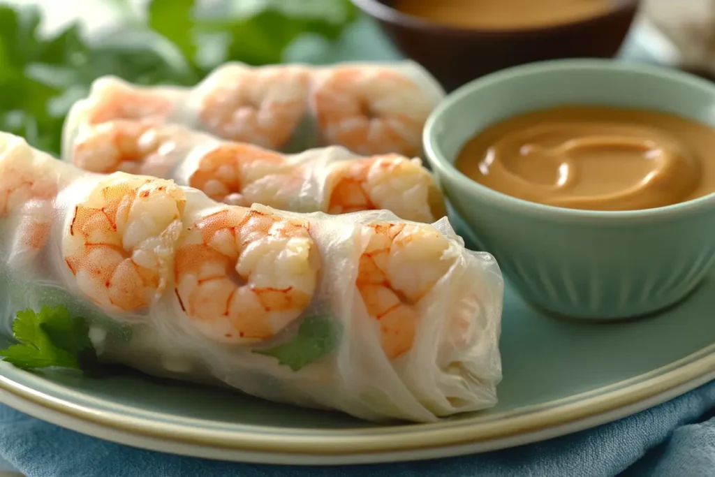 Delicious *shrimp spring rolls* with peanut dipping sauce.