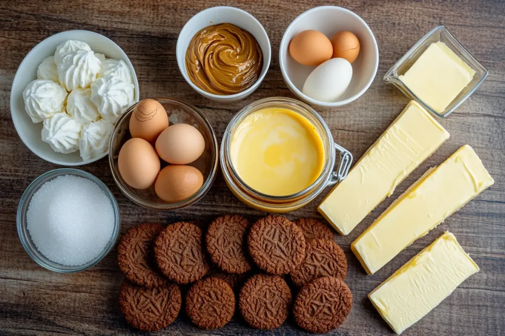 Ingredients for making homemade Biscoff Cheesecake.