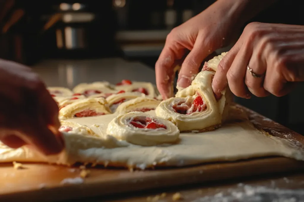 Spreading Cheesecake Filling on Dough for Strawberry Shortcake Cheesecake Rolls