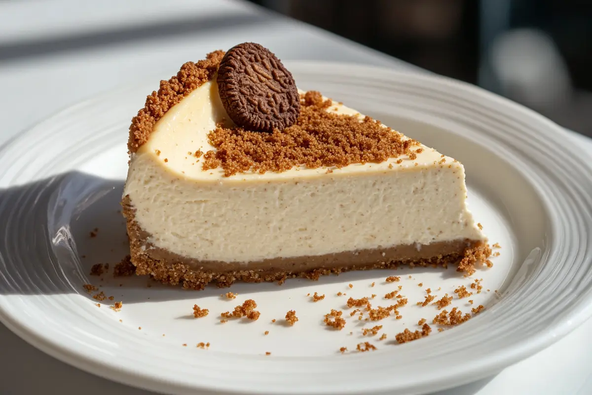 Delicious slice of Biscoff Cheesecake with Biscoff cookie crumbs on top.