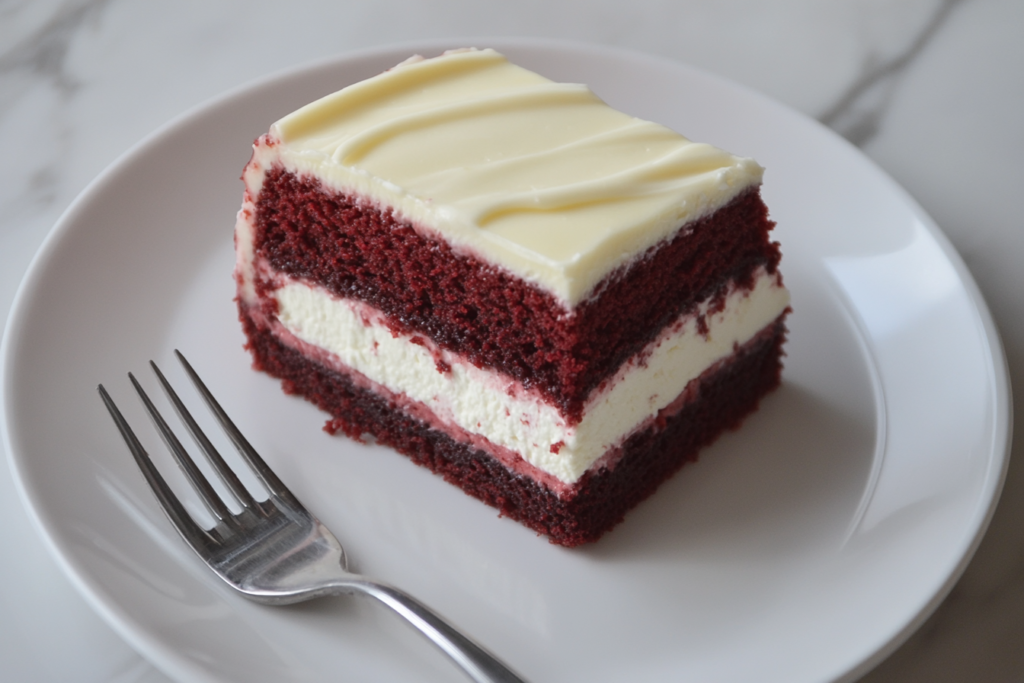 Slice of Red Velvet Cheesecake on a plate with a fork.