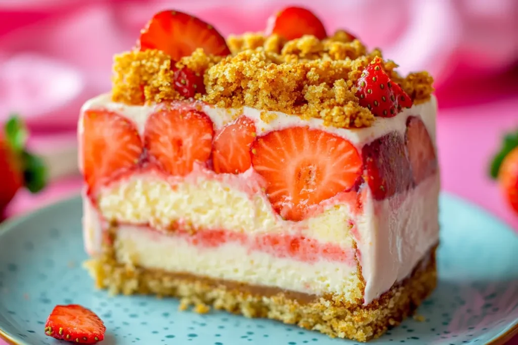 Plated Strawberry Cheesecake Crunch Cake Slice