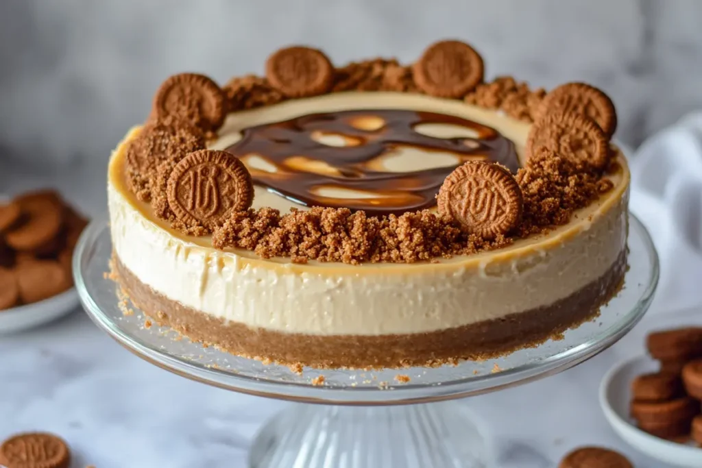 Whole Biscoff Cheesecake with Biscoff cookie decoration.