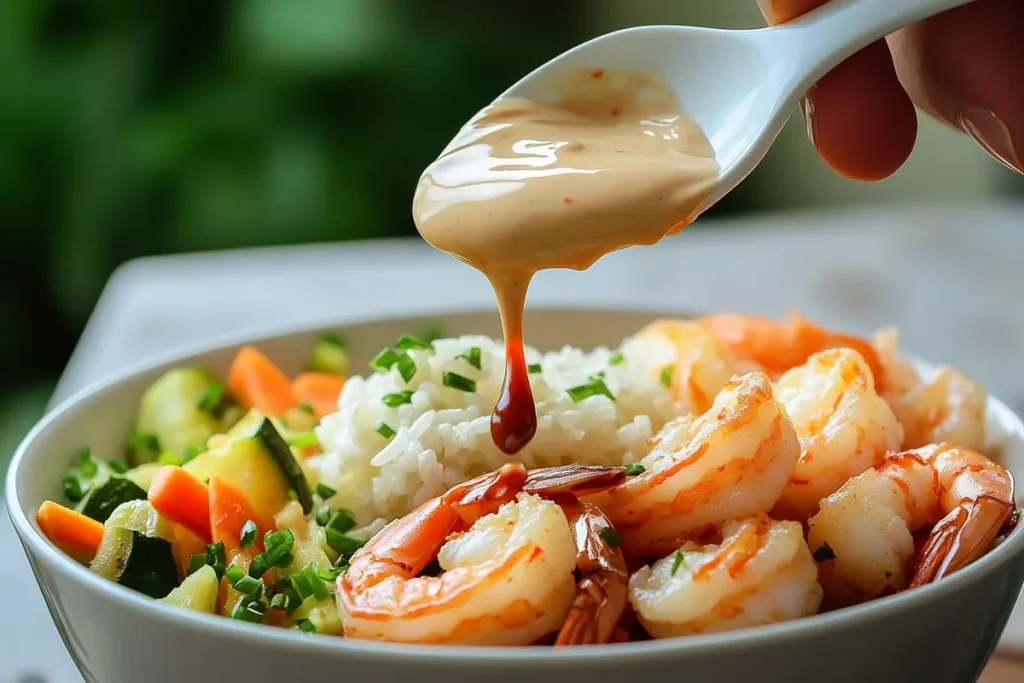 Creamy and flavorful sauce being drizzled over a shrimp bowl, adding the final touch.