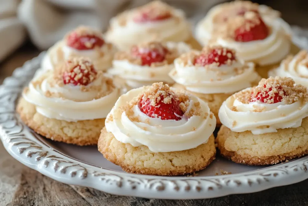 Plate of frosted strawberry cheesecake cookies with graham cracker topping.