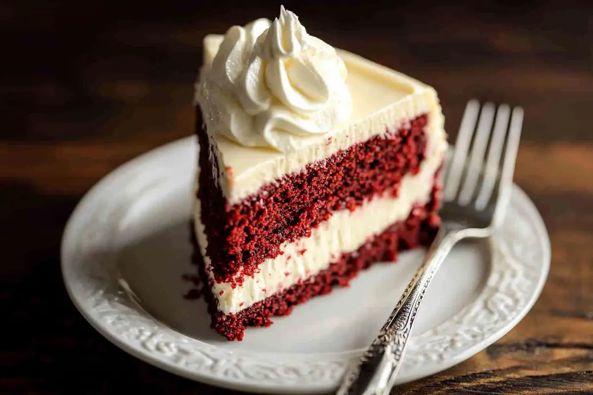 Decadent slice of Red Velvet Cheesecake with cream cheese frosting and red velvet crumbs.