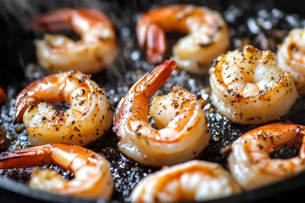  Close-up of perfectly pan-seared shrimp, the protein star of a shrimp bowl.