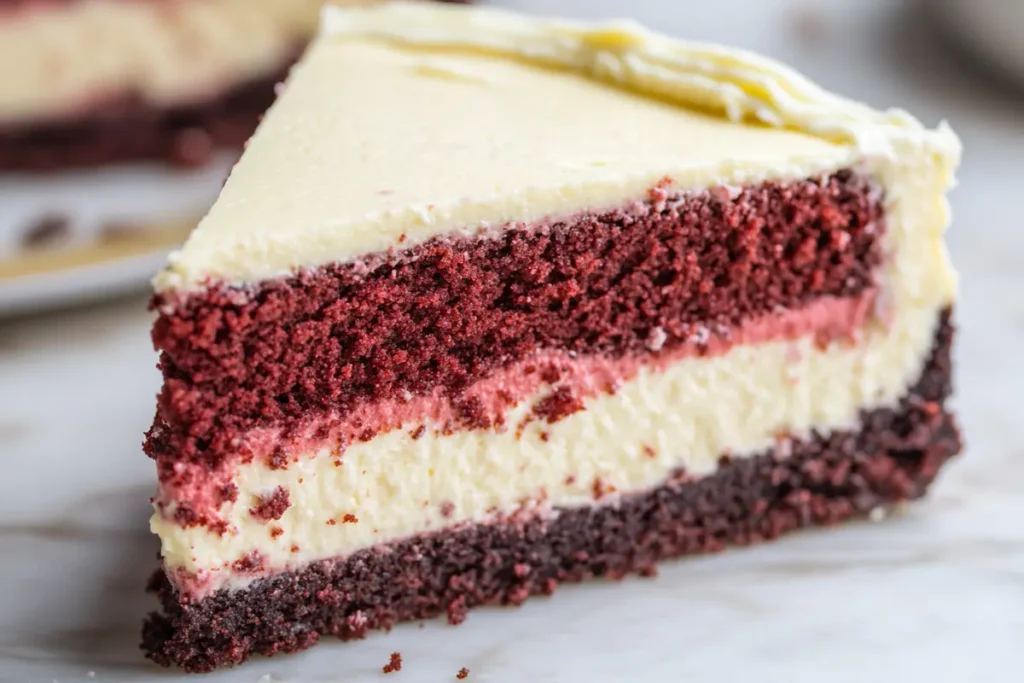  Close-up of the layers in a slice of Red Velvet Cheesecake, showing texture.