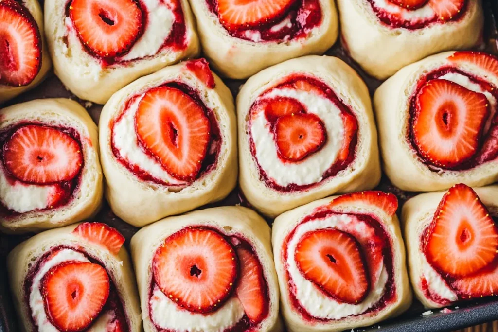 Assembling Strawberry Shortcake Cheesecake Rolls in Pan