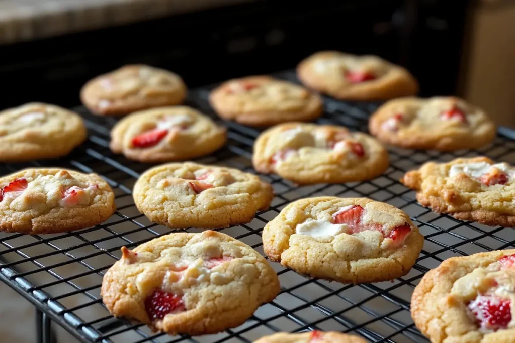 Bowl of cookie dough with strawberries and cream cheese for strawberry cheesecake cookies.