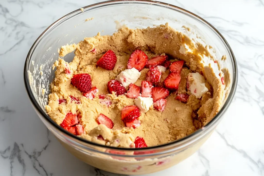 Bowl of cookie dough with strawberries and cream cheese for strawberry cheesecake cookies.