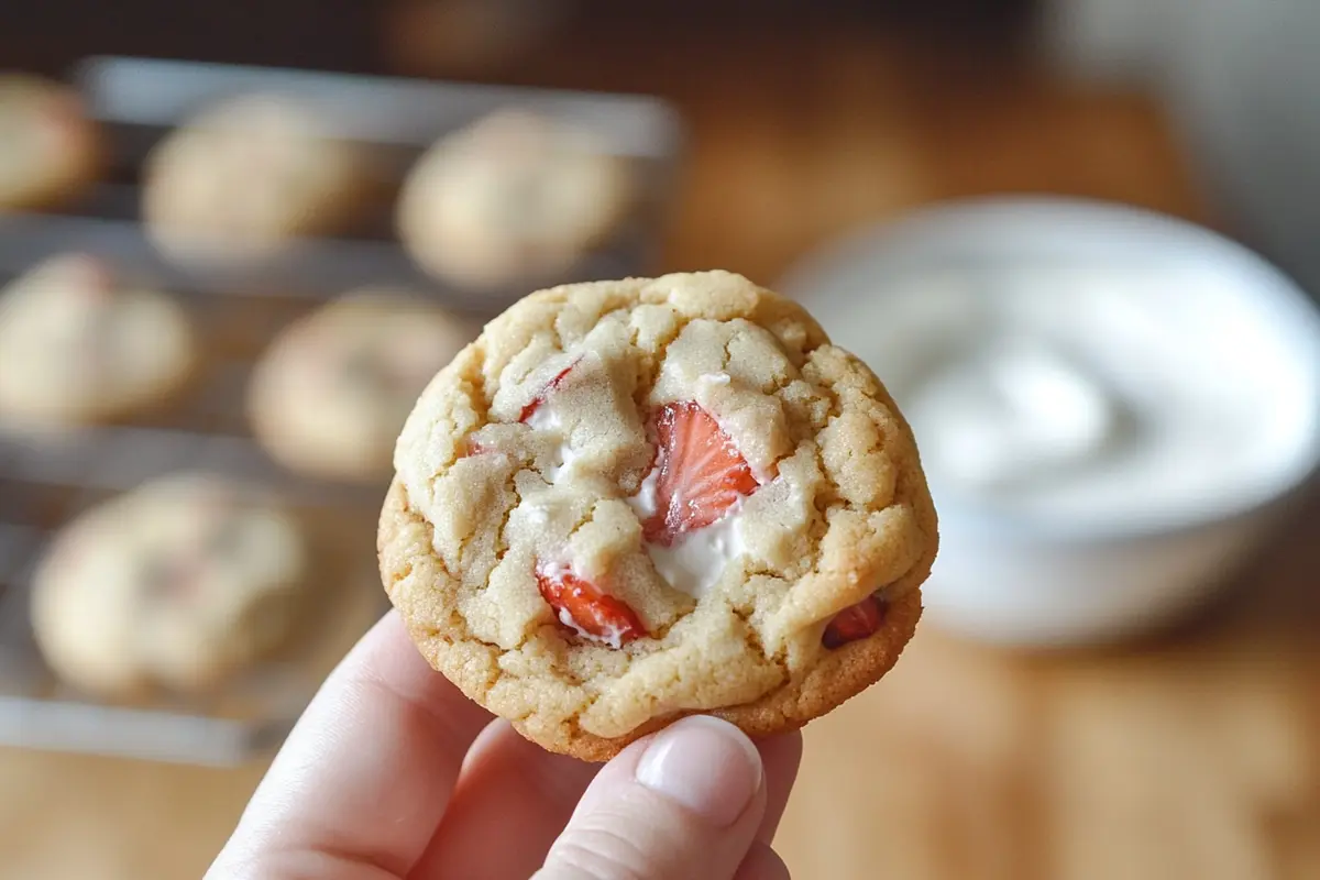 Delicious strawberry cheesecake cookies with creamy frosting and fresh strawberries.