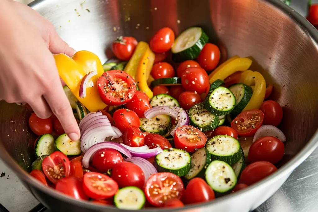 Preparing Vegetables for Mediterranean Salmon Recipe