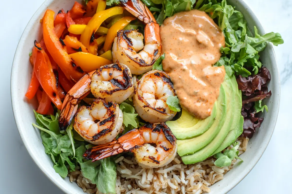 Vibrant and healthy ultimate shrimp bowl with fresh shrimp and colorful vegetables.