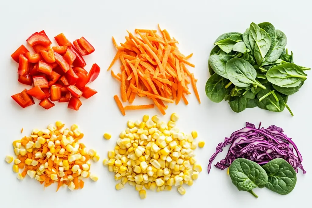 Colorful array of fresh vegetables for a healthy and vibrant shrimp bowl.