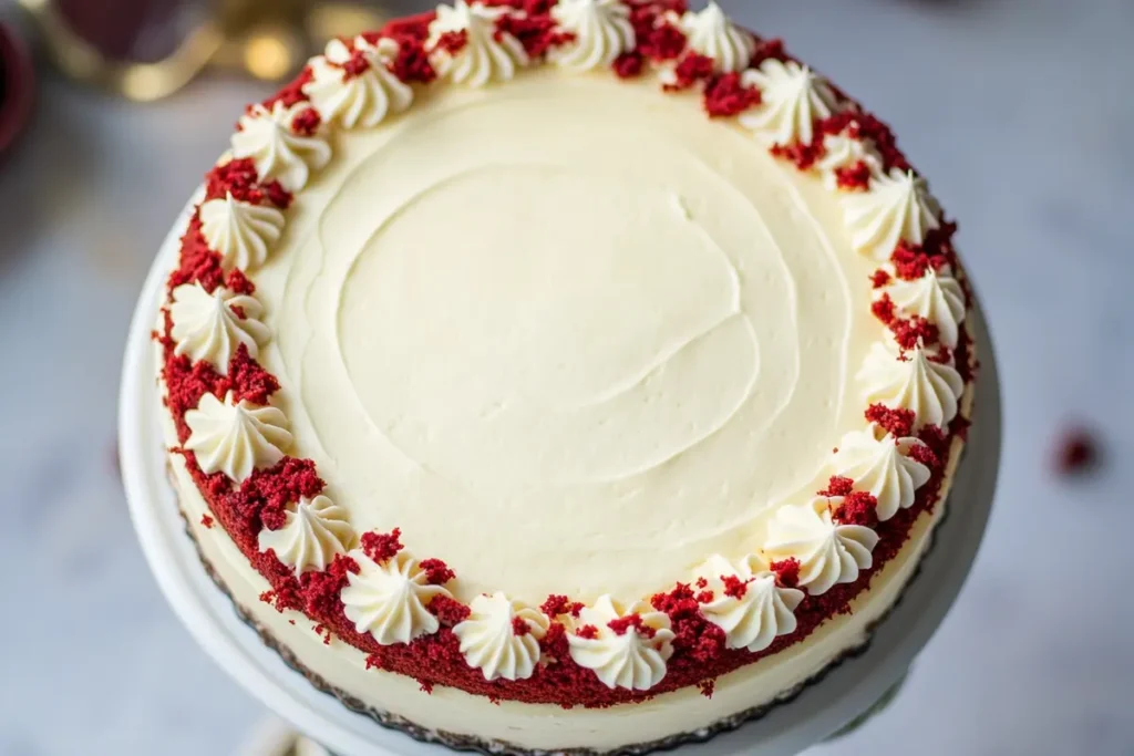 Top-down view of a whole Red Velvet Cheesecake with cream cheese frosting and red velvet crumbs.